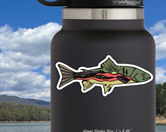 May include: A sticker of a colorful fish with a forest scene inside. The fish is outlined in white and has a green, yellow, red, and purple color scheme. The sticker is 1 inch by 3.25 inches. The sticker is on a black water bottle with the text "Life Outside Sticker Company" on the top.