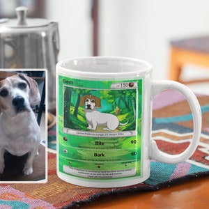 Custom Pets Poke Trading Cards Mug, Turn Your Pet Into a Poke Monster Portrait On Mugs, Photo to cartoon, pets dogs cats portraits on mugs