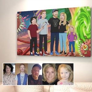 Rick canvas cartoon portrait, creative personalized gift, house warming gift, painting from photo, family portrait, bridal shower, Morty art