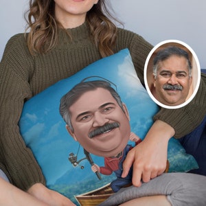 cuscino con caricatura di pesca personalizzata, cuscino personalizzato, regali fotografici, regali con viso, cuscino con viso, cuscino con il tuo viso cartoon