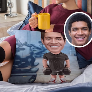 cuscino con caricatura fitness personalizzata, cuscino personalizzato, regali fotografici, regali con viso, cuscino con viso, cuscino con il tuo viso cartoon