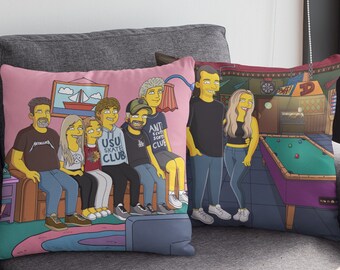 Yellow cartoon pillow cartoon portrait from photo, custom family portrait illustration, custom couples portrait, pet portrait