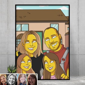 Yellow Poster cartoon portrait, creative personalized gifts, house warming gift, painting from photo, family portrait, bridal shower gift