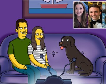 custom yellow cartoon family portrait digital image drawing, anime illustrations caricature, wedding, birthday, anniversary gifts couples