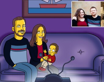 custom yellow family cartoon digital portrait, image to drawing, anime illustration caricature, photo to cartoon art, couple gifts