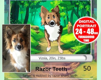 Poke Digital Portrait, trading card design, custom pet portrait from photo, pet memorial gifts, custom dog art, custom cat portrait