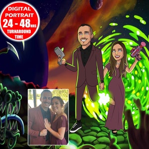 Rick style cartoon family portraits, digital art, photo gift ideas, couples gifts, Rick portraits, cartoon fun gift ideas, Morty style