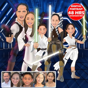 Star digital art, custom couples portrait, graduation gifts, 50th anniversary gifts for parents, custom family portrait illustration, Wars
