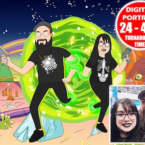 Portret w stylu Ricka z kreskówki, kreatywne prezenty na zamówienie, Zostań swoją ulubioną kreskówką ze zdjęcia, portret rodzinny, prezent na wieczór panieński Morty