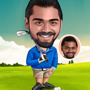 Niestandardowa karykatura golfowa, ilustracja portretu z kreskówek, kreatywne spersonalizowane prezenty, cyfrowe pobieranie, wydrukowana sztuka ścienna, rysunek portretu, zdjęcie