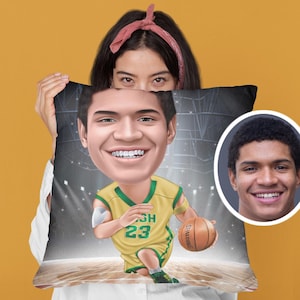 cuscino con caricatura di basket personalizzata, cuscino personalizzato, regali fotografici, regali con il viso, cuscino con il tuo viso, cuscino con il tuo viso cartoon