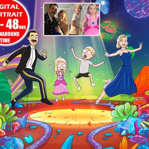 Rick style, custom couples portrait, graduation gift, 50th anniversary gifts for parents, custom family portrait illustration, Morty digital