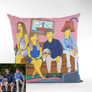 Retrato de dibujos animados de almohada de estilo amarillo, regalos personalizados creativos, regalo de inauguración de la casa, pintura de la foto, retrato familiar, despedida de soltera