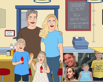 Bob's style family digital portrait, custom cartoon family portrait digital art, anniversary, birthday gifts, unique gift ideas, burger art