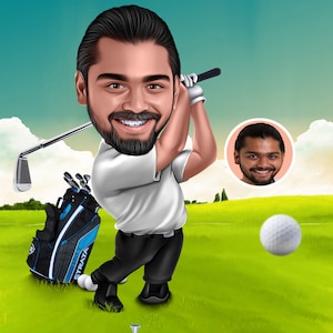 Niestandardowa karykatura golfowa, ilustracja portretu z kreskówek, kreatywne spersonalizowane prezenty, cyfrowe pobieranie, wydrukowana sztuka ścienna, rysunek portretu