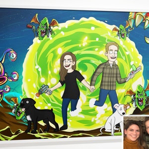 Rick poster cartoon portrait, creative personalized gifts, house warming gift, painting from photo, family portrait bridal shower gift Morty