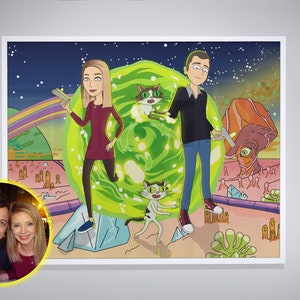 Rick poster cartoon portrait, creative personalized gift, house warming gift, painting from photo, family portrait, bridal shower, Morty art