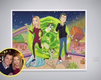 Rick poster cartoon portrait, creative personalized gift, house warming gift, painting from photo, family portrait, bridal shower, Morty art