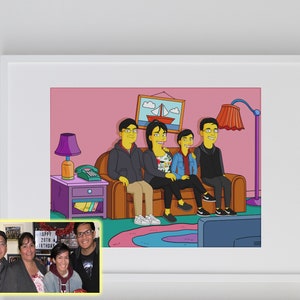 Gelber Rahmen Poster Cartoon Porträt, kreative personalisierte Geschenke, Einweihungsgeschenk, Gemälde vom Foto, Familienporträt, Brautgeschenk