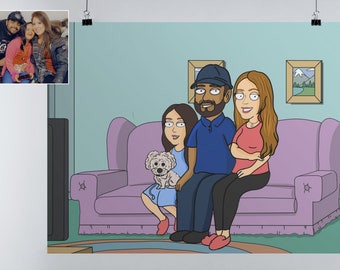 Family poster painting from photo, personalized photo album custom pet portrait, pet gift for him, cartoon from photo, soulmate drawing, Guy