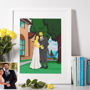 Yellow frame poster, custom couples portrait, graduation gifts, 50th anniversary gifts for parents, custom family portrait illustration,