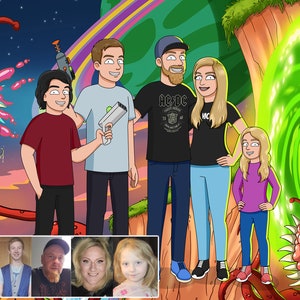Rick style cartoon portrait, creative personalized gifts, house warming gift, painting from photo, family portrait, bridal shower gift Morty