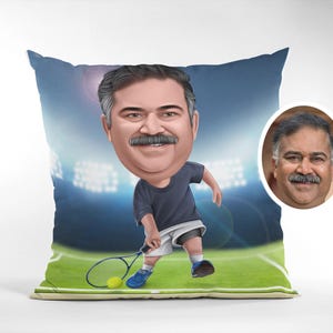 custom tennis caricature cartoon pillow, personalized pillow, photo gifts, face gifts, pillow with face, birthday gifts photo to cartoon