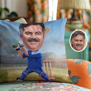 cuscino con caricatura di cricket personalizzata, cuscino personalizzato, regali fotografici, regali con il viso, cuscino con il tuo viso, cuscino con il tuo viso cartoon
