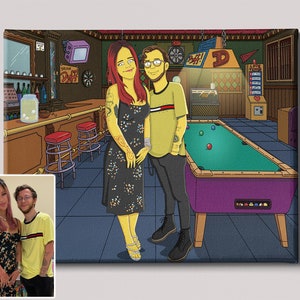 Yellow canvas cartoon portrait, creative personalized gifts, house warming gift, painting from photo, family portrait, bridal shower gift