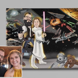 Star portrait canvas, customized cartoon from photos, custom caricature, personalized gift, custom family portrait, Wars art