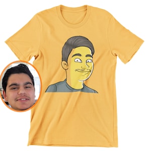 Yellow style t-shirt cartoon portrait, creative personalized gifts, house warming gift, painting from photo, family portrait, bridal shower