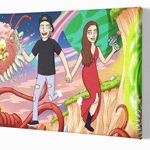 Rick canvas cartoon portrait, creative personalized gifts, house warming gift, painting from photo, Morty family portrait bridal shower gift