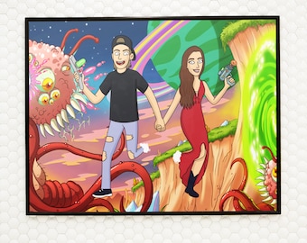 Rick poster, custom couples portrait, graduation gifts, 50th anniversary gifts for parents, custom family portrait illustration, Morty art