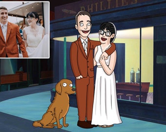 Bob's style family digital portrait, custom cartoon family portrait, drawing sketches, art gift for her, for him, couples gift, wedding gift