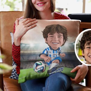 cuscino con caricatura di calcio personalizzata, cuscino personalizzato, regali fotografici, regali con il viso, cuscino con il tuo viso, cuscino con il tuo viso cartoon