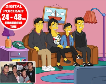 Yellow style cartoon portrait, creative personalized gifts, house warming gift, painting from photo, family portrait, bridal shower gift