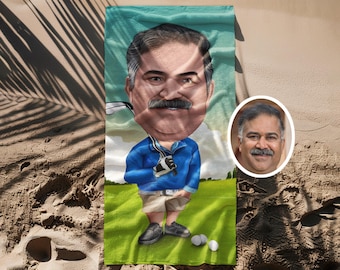 custom golf caricature towel, personalized towel, beach towel with your face as a cartoon caricature, photo gifts, birthday gifts