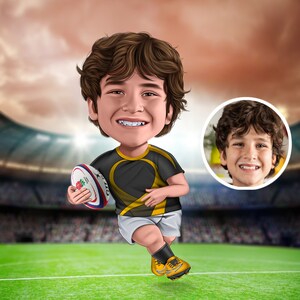 Niestandardowa ilustracja karykatury rugby, kreatywne spersonalizowane prezenty, cyfrowe pobieranie do druku sztuka ścienna portret rysunek