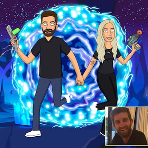 Rick style cartoon family portrait, digital art, yellow cartoon, photo to cartoon, drawing & sketches, wall art digital image, morty style