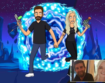 Rick style cartoon family portrait, digital art, yellow cartoon, photo to cartoon, drawing & sketches, wall art digital image, morty style