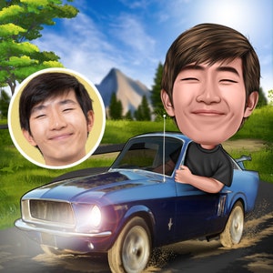 Caricatura personalizada de cavaleiro de carro, ilustração de retrato de desenho animado, presentes criativos personalizados, download digital de fotos de retrato de arte de parede para impressão