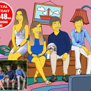 Yellow digital portrait, become a custom cartoon portrait, customized portrait, yellow family and pet portrait, custom personalized gift
