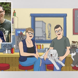 Bobs poster custom couples portrait, graduation gifts, 50th anniversary gifts for parents, custom family portrait illustration, Burgers art