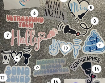 May include: A collection of 17 colorful stickers featuring ultrasound equipment, coffee cups, hearts, and text. The stickers include phrases like "Wife, Mama, Hustler", "Ultrasound Tech", "Gel Yeah", and "Sono Squad".