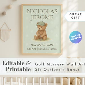 Personalized Golf Nursery Print: Watercolor Teddy Bear, Baby Boy Decor (Digital Download)