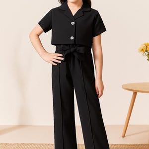 Elegant Black Girls&#39; Blazer and Wide-Leg Pants Set | Ages 6-12 | Handmade Formal Outfit