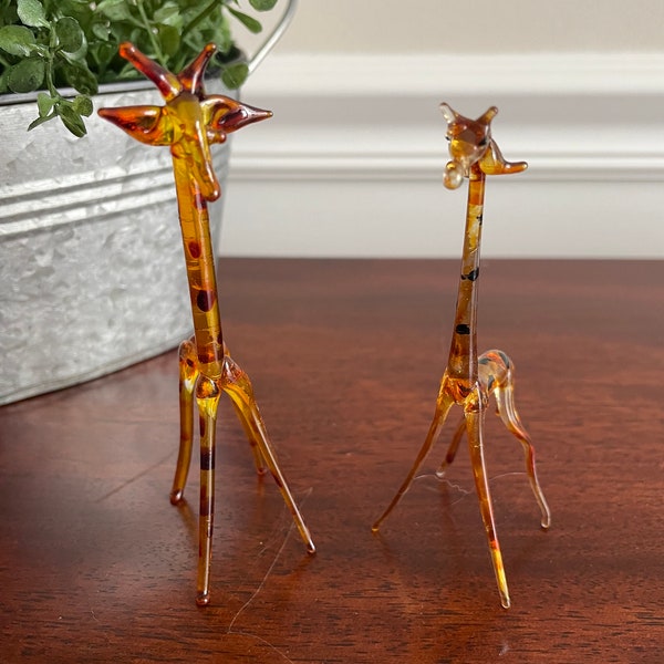 Giraffe Glass Figurine Hand-Blown Art Collectible Brown and Black Figures