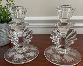 Vintage Fostoria Baroque Lido Clear Glass Candlesticks Set of 2
