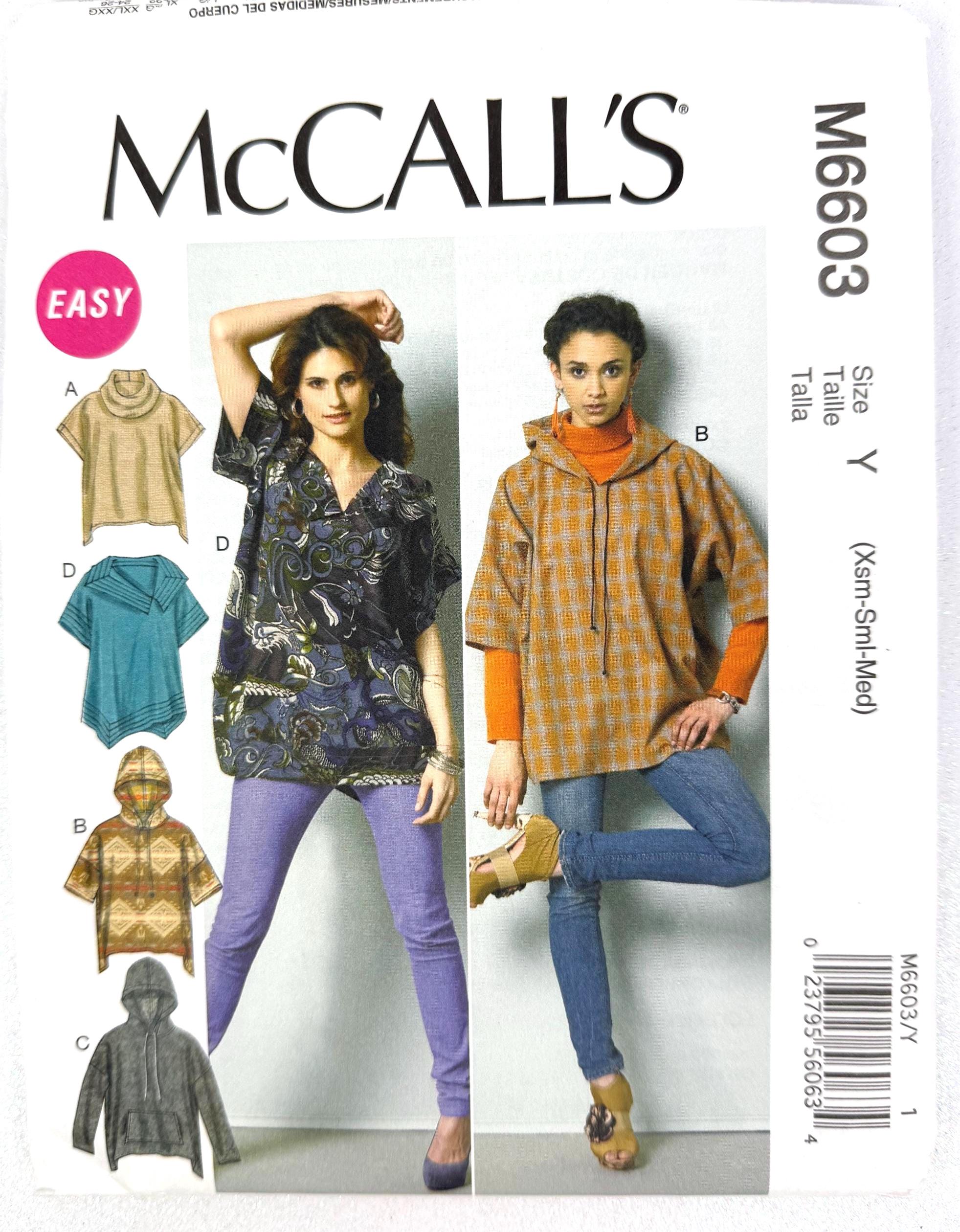 McCall's 6603 Oversized Pullover Tops Cowl Neck Hood Size XS-Med Uncut