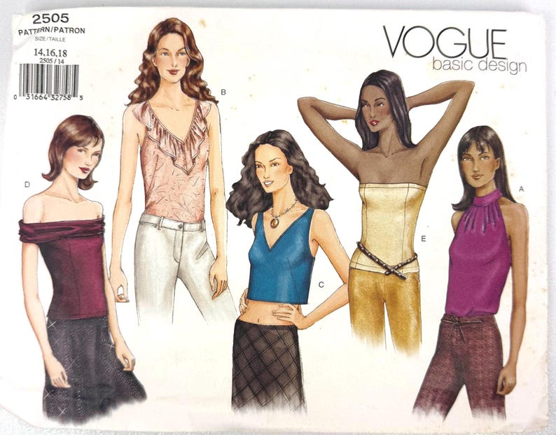 May include: Vogue basic design sewing pattern 2505. The pattern features illustrations of various women's tops, including a ruffled top, a halter top, and a tube top. The pattern includes sizes 14, 16, and 18.